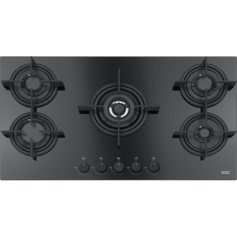 FRANKE Plita gaz Mythos FHCR 905 4G TC HE BK C, Negru, sticla, 5 arzatoare, gratare fonta, 90 cm