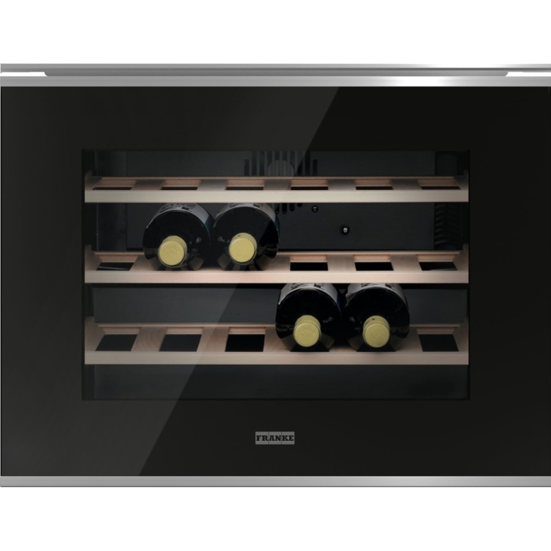 FRANKE Vitrina vin incorporabila Mythos FMY 24 WCR XS Inox, fata sticla neagra, 24 sticle, Rafturi Lemn, Display digital