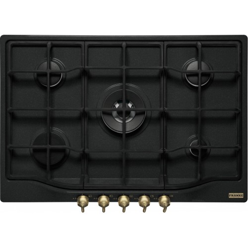 Plită pe gaz FHCL 755 4G TC ON, Classic Line, 75 cm, 5 arzătoare gaz,tripla coroana, grătare fontă, Nero, Butoane aurii