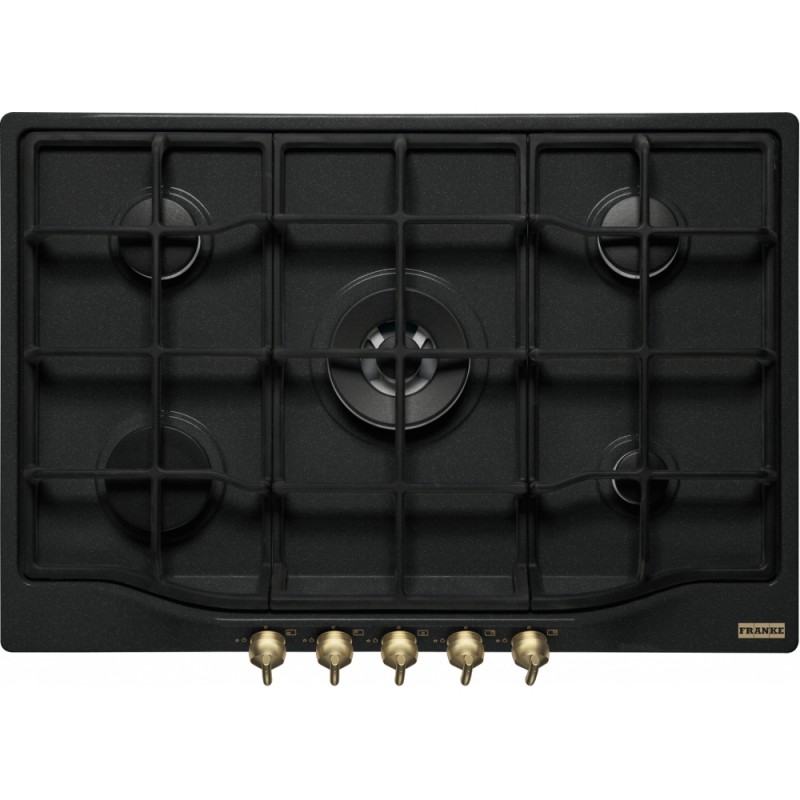 Plită pe gaz FHCL 755 4G TC ON, Classic Line, 75 cm, 5 arzătoare gaz,tripla coroana, grătare fontă, Nero, Butoane aurii